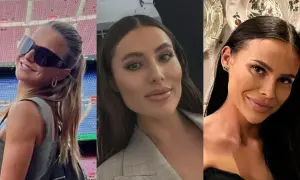 Trzy uśmiechnięte polskie WAGs: jedna w okularach przeciwsłonecznych na tle stadionu, druga w marynarce, trzecia z biżuterią.
