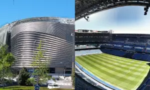 Stadion w Madrycie w trakcie przebudowy. Widok z zewnątrz i wnętrza z murawą.