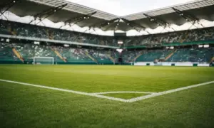 Pusta trybuna stadionu piłkarskiego, gotowa na emocje baraży do mistrzostw świata.