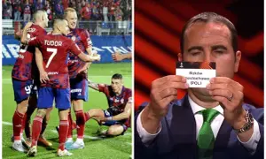 Piłkarze świętują, a na drugim zdjęciu widać kartkę z napisem "Raków Częstochowa (POL)" podczas losowania Ligi Europy.