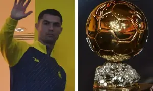 Cristiano Ronaldo wita kibiców, obok złota piłka. Ile złotych piłek ma Ronaldo? Pięć.