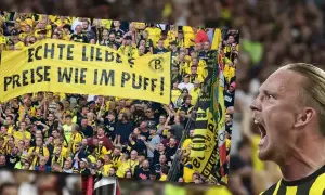 Emocje na meczu Union Berlin – Borussia. Kibice BVB z transparentem "Echte Liebe, Preise wie im Puff!".