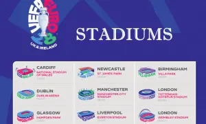 Stadiony, gdzie Euro 2028: Cardiff, Dublin, Glasgow, Newcastle, Manchester, Liverpool, Birmingham, Londyn (Tottenham i Wembley).