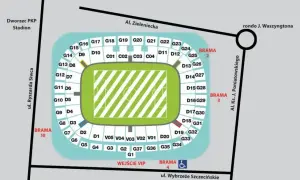 Mapa stadionu z sektorami i bramami. Najgorsze miejsca na stadionie narodowym to te najdalej od murawy, np. sektory G1-G10.