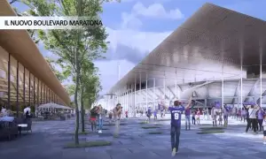 Nowoczesny fiorentina stadion z zadaszeniem i placem przed nim, gdzie spacerują kibice.