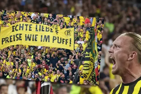 Emocje na meczu Union Berlin – Borussia. Kibice BVB z transparentem "Echte Liebe, Preise wie im Puff!".