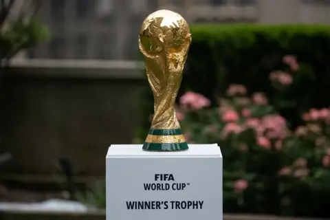 Złoty Puchar Świata FIFA, marzenie każdego z gospodarzy mistrzostw świata w piłce nożnej, lśni na tle zieleni i różowych kwiatów.