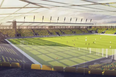 Nowy stadion GKS Katowice z żółto-zielonymi trybunami. Wyobraź sobie jego pojemność podczas meczu!