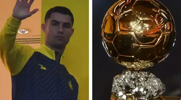 Cristiano Ronaldo wita kibiców, obok złota piłka. Ile złotych piłek ma Ronaldo? Pięć.