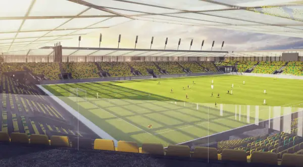 Nowy stadion GKS Katowice z żółto-zielonymi trybunami. Wyobraź sobie jego pojemność podczas meczu!