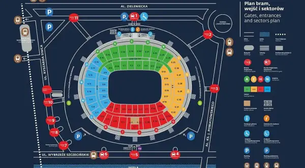 Plan stadionu z bramami, wejściami i sektorami. Dowiedz się, co można wnieść na stadion narodowy, gdzie są parkingi i strefy kibica.