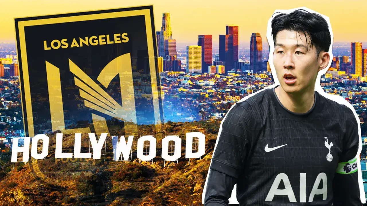 Son Heung-min w Los Angeles, gdzie gra Son. W tle widać panoramę miasta i napis Hollywood.
