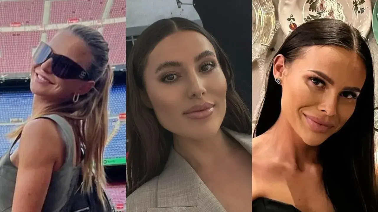 Trzy uśmiechnięte polskie WAGs: jedna w okularach przeciwsłonecznych na tle stadionu, druga w marynarce, trzecia z biżuterią.