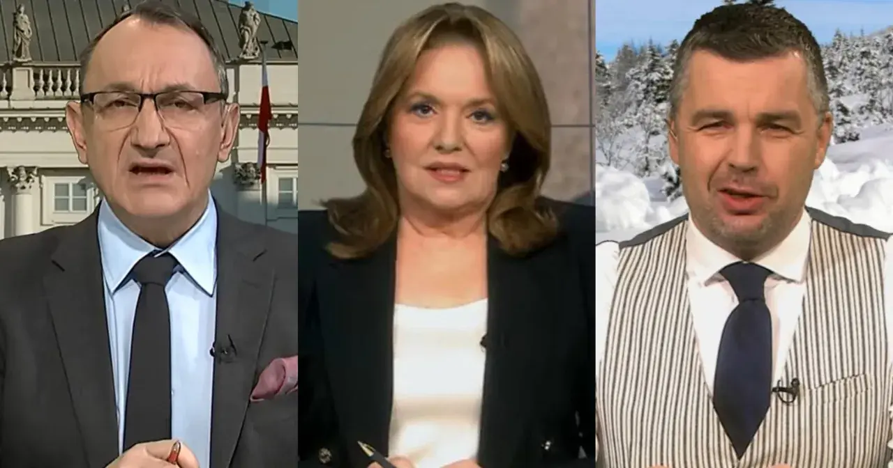 Trzech dziennikarzy i prezenterów TV Republika: mężczyzna w garniturze na tle Pałacu Prezydenckiego, kobieta w czarnej marynarce i mężczyzna w kamizelce na tle zimowego krajobrazu.