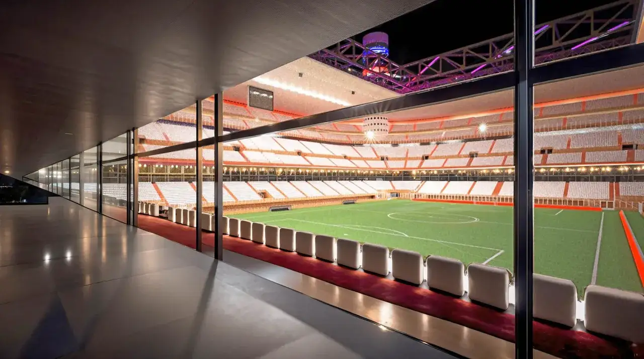 Widok na pusty stadion AC Milan nocą, z oświetloną murawą i trybunami.