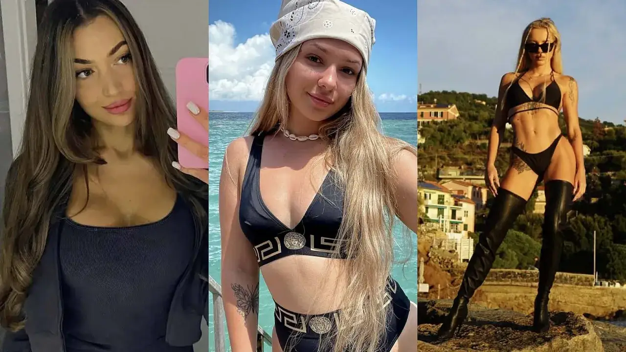 Trzy polskie WAGs w letnich stylizacjach: jedna w czarnym topie, druga w bikini nad morzem, trzecia w bikini i kozakach na tle zabudowań.