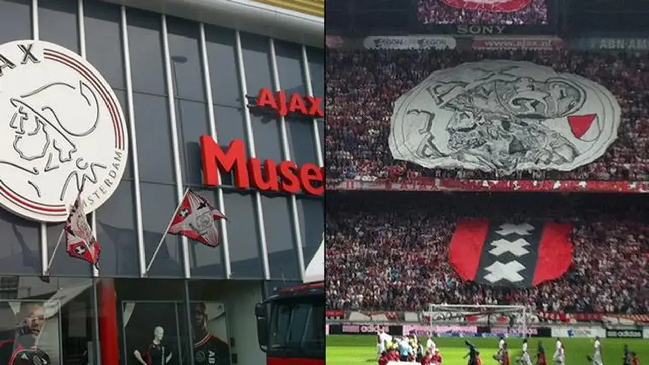 Logo i muzeum klubu piłkarskiego z Amsterdamu. Na stadionie kibice prezentują gigantyczną flagę z trzema krzyżami.