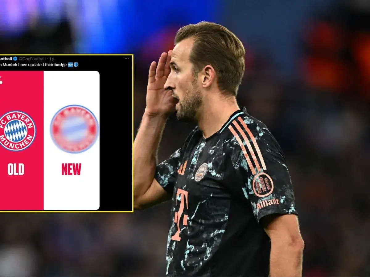 Harry Kane w koszulce z nowym herbem Bayernu Monachium. Obok porównanie starego i nowego herbu.