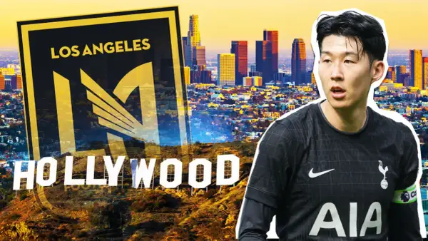 Son Heung-min w Los Angeles, gdzie gra Son. W tle widać panoramę miasta i napis Hollywood.