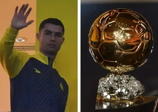Cristiano Ronaldo wita kibiców, obok złota piłka. Ile złotych piłek ma Ronaldo? Pięć.