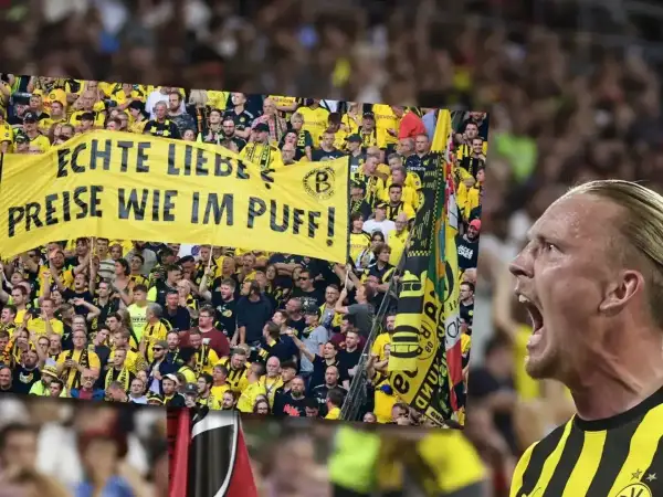 Emocje na meczu Union Berlin – Borussia. Kibice BVB z transparentem "Echte Liebe, Preise wie im Puff!".