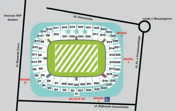 Mapa stadionu z sektorami i bramami. Najgorsze miejsca na stadionie narodowym to te najdalej od murawy, np. sektory G1-G10.