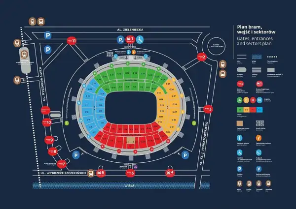 Plan stadionu z bramami, wejściami i sektorami. Dowiedz się, co można wnieść na stadion narodowy, gdzie są parkingi i strefy kibica.