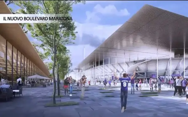Nowoczesny fiorentina stadion z zadaszeniem i placem przed nim, gdzie spacerują kibice.